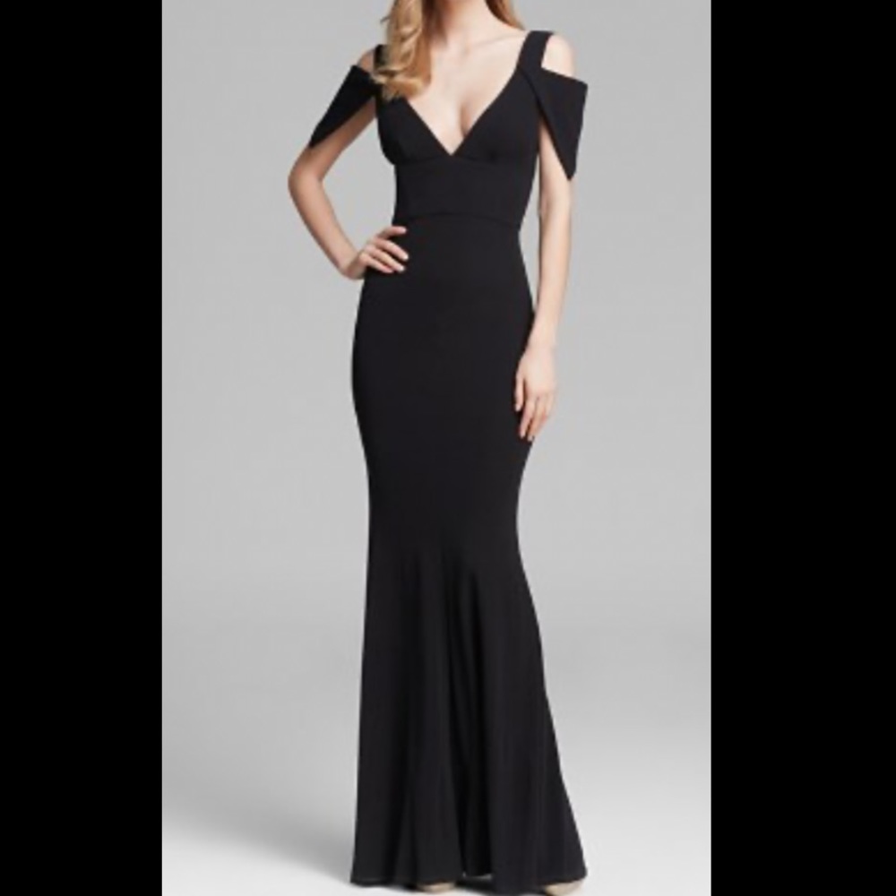 ABS by Allen Schwartz V Neck Cutout Shoulder gown